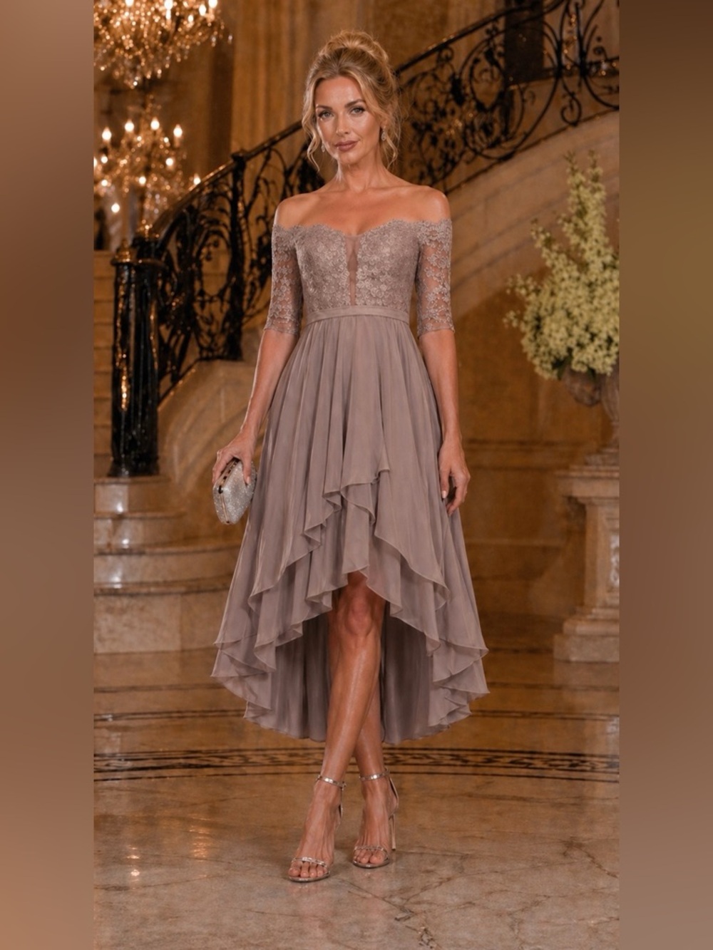 JJ’s House 
A-line Off the Shoulder Chiffon Lace Cocktail Dress With Beading Sz4